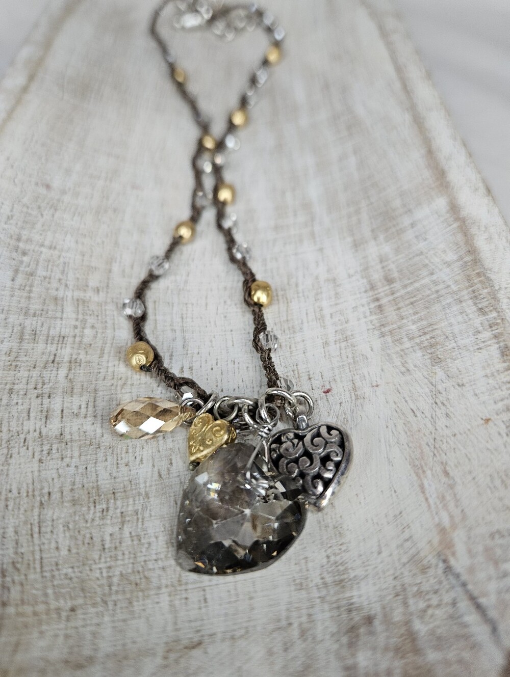 Brighton Karma Crystal Heart Charm Necklace Brown Braided Cord Silver Gold EUC - Picture 4 of 9